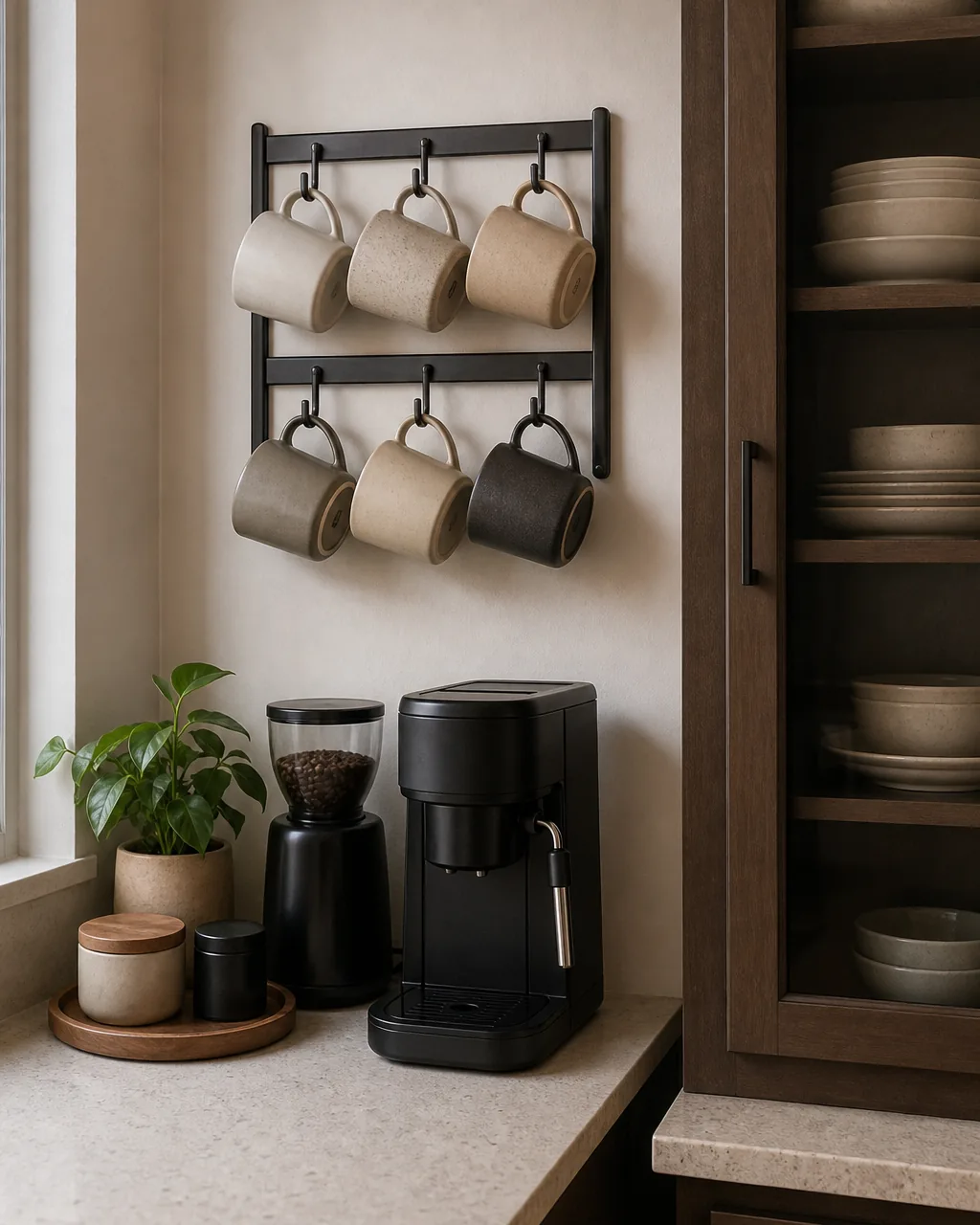 A small wall-mounted mug rack holding only coffee mugs near the coffee station, positioned apart from a separate glass-front cabinet visible nearby that holds everyday plates and bowls