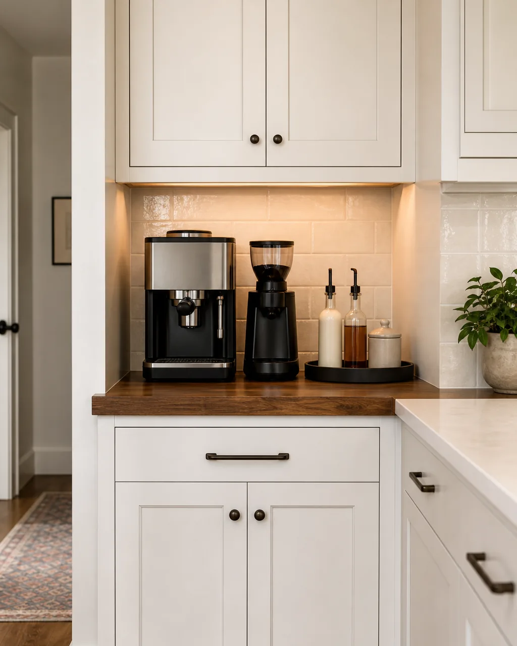 A clearly bounded stretch of kitchen counter dedicated entirely to a coffee setup, visually distinct from an adjacent clean counter area used for other kitchen tasks