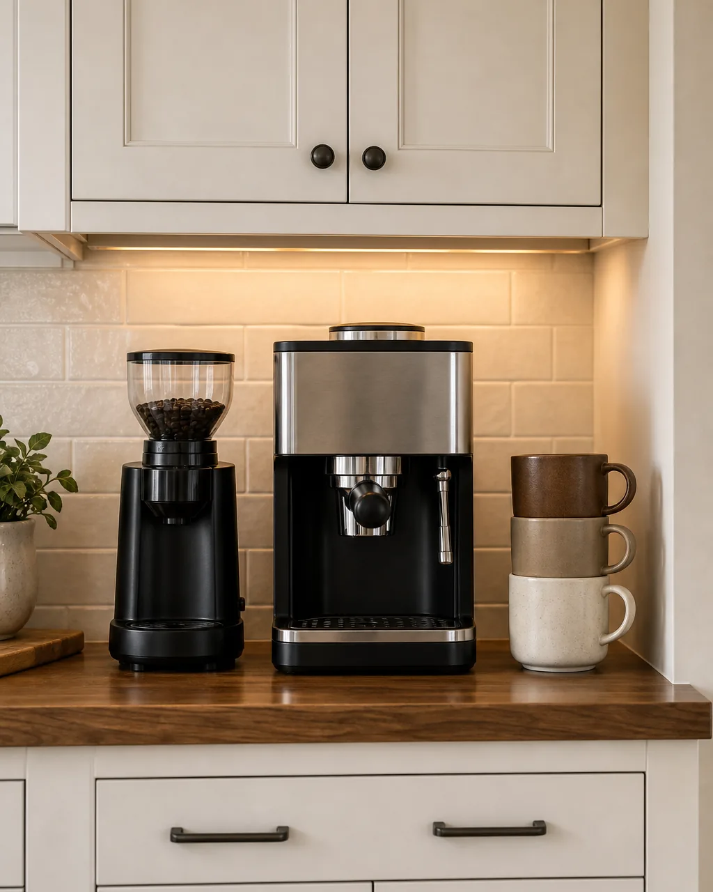 A coffee grinder, coffee machine, and a small stack of mugs lined up left to right in clear sequential order on a kitchen counter, showing a deliberate workflow arrangement