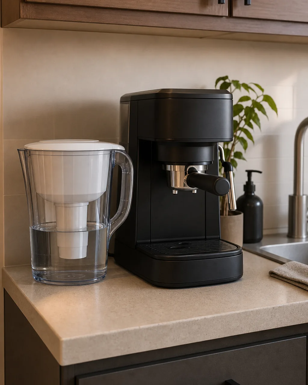 A small clear water filter pitcher sitting on a kitchen counter directly next to a coffee machine, positioned as the water source in an apartment kitchen with no plumbed line to the machine