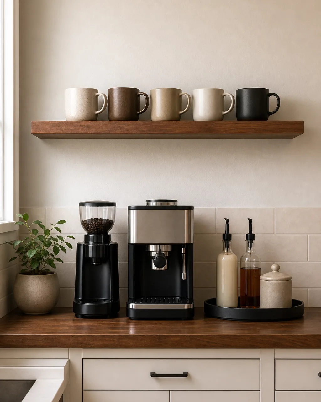 A single floating wood shelf mounted above a kitchen counter coffee station, holding a small row of mugs, with open wall visible above and below the shelf instead of a full upper cabinet