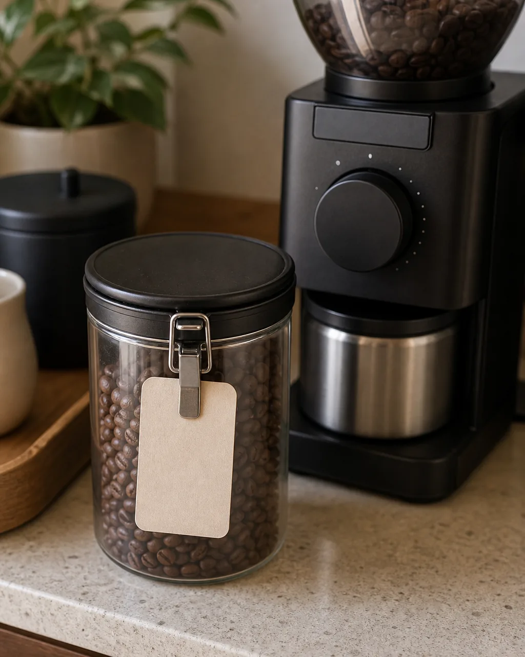 A small blank-faced label tag clipped near a grinder dial on a kitchen counter coffee station, understated and clearly functional rather than decorative signage
