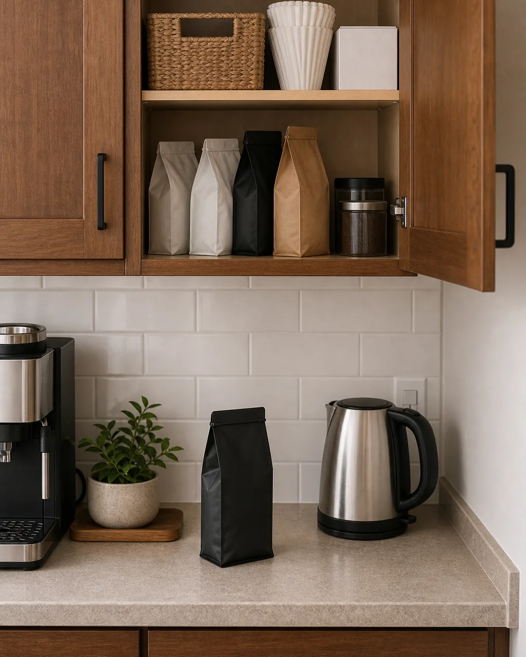 An open kitchen cabinet door revealing a small organized backup stock of coffee bags and filters stored inside, while the counter surface below stays clear with only one bag in current use
