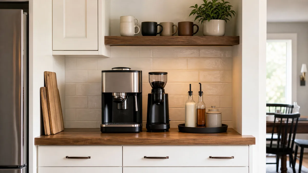 A wide editorial view of a real home kitchen coffee station occupying one defined stretch of counter, with a coffee machine, a grinder, a small stack of mugs on a floating shelf above, and a single tray holding creamer and syrup bottles