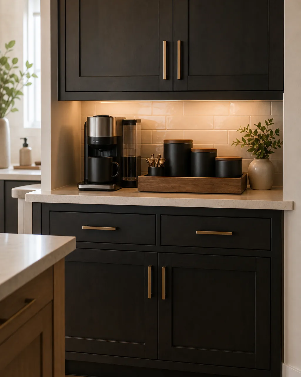 A coffee station tray and canister set in the same wood tone and matte-black finish as the rest of the kitchen's cabinetry and hardware, blending into the room rather than standing out as a separate theme