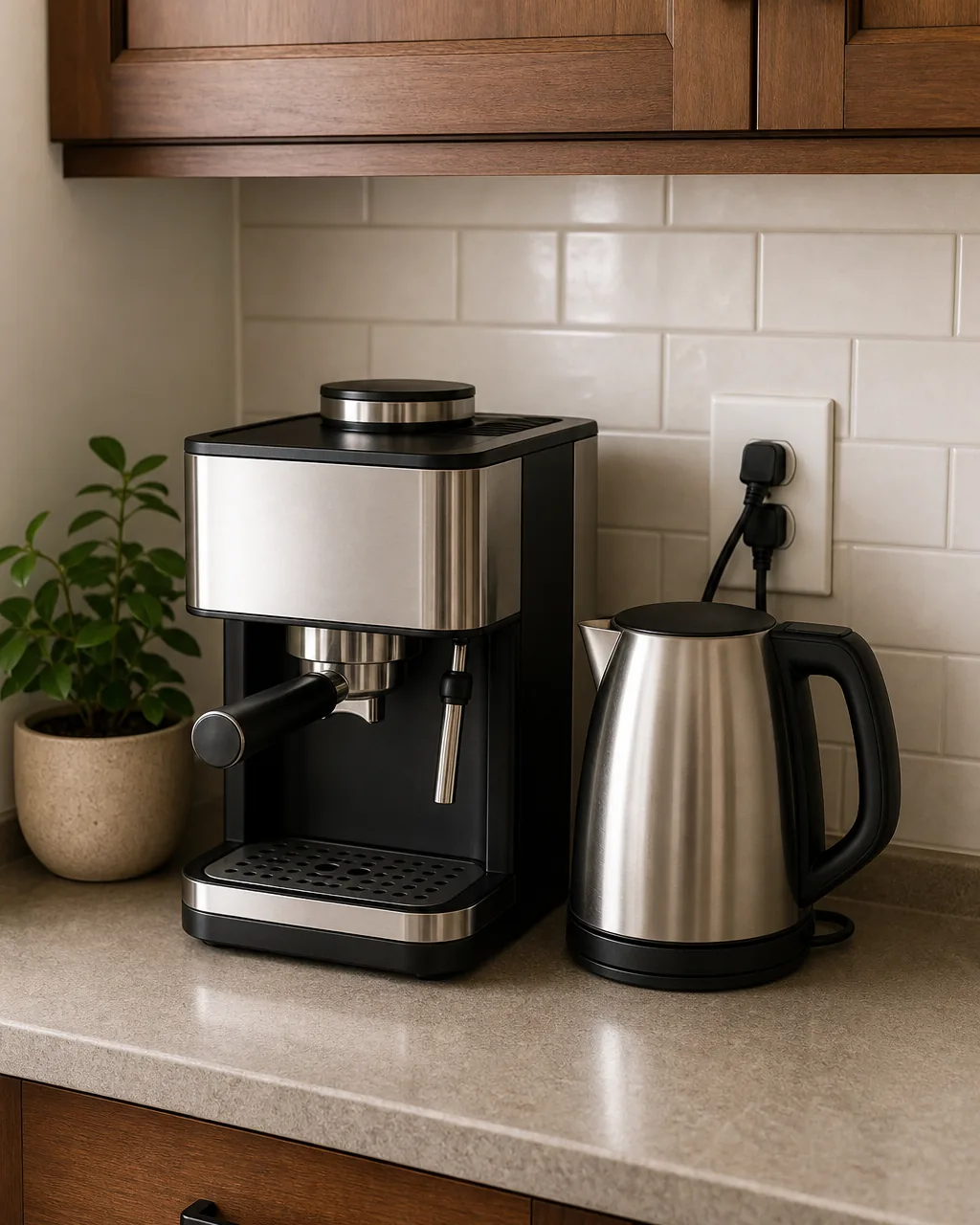 A coffee machine and electric kettle sitting directly beside a wall outlet on a kitchen counter, cords neatly reaching the outlet without stretching across the counter