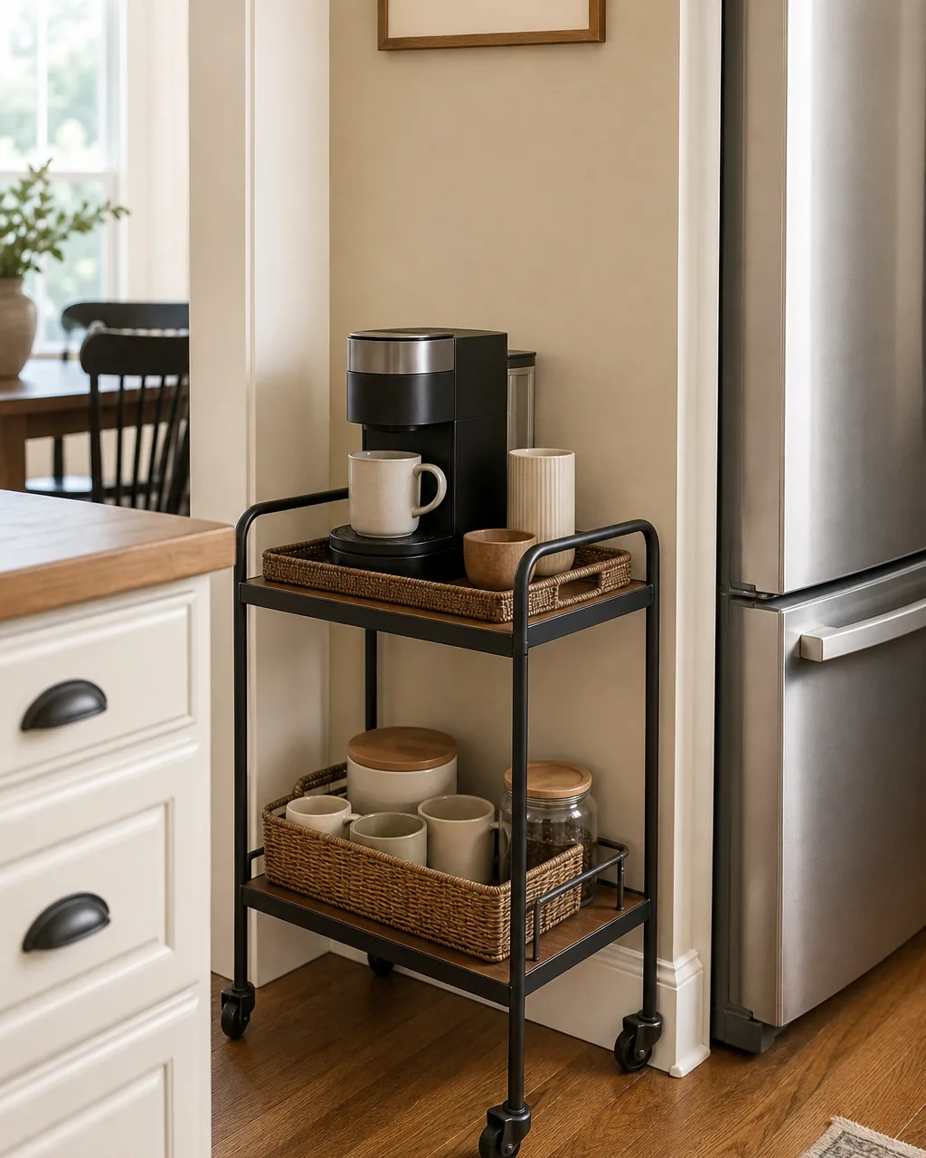 A narrow two-tier rolling bar cart tucked into a kitchen nook beside a refrigerator, holding a compact coffee machine, mugs, and a small tray, functioning as a coffee station with no built-in counter space used
