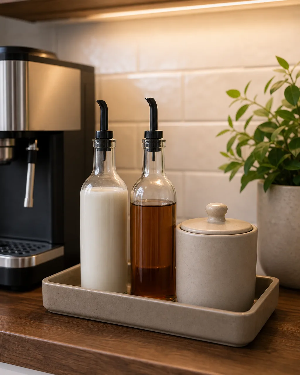 A single rectangular tray on a kitchen counter holding a small creamer bottle, a syrup bottle, and a sugar bowl grouped neatly together, with no loose bottles scattered outside the tray