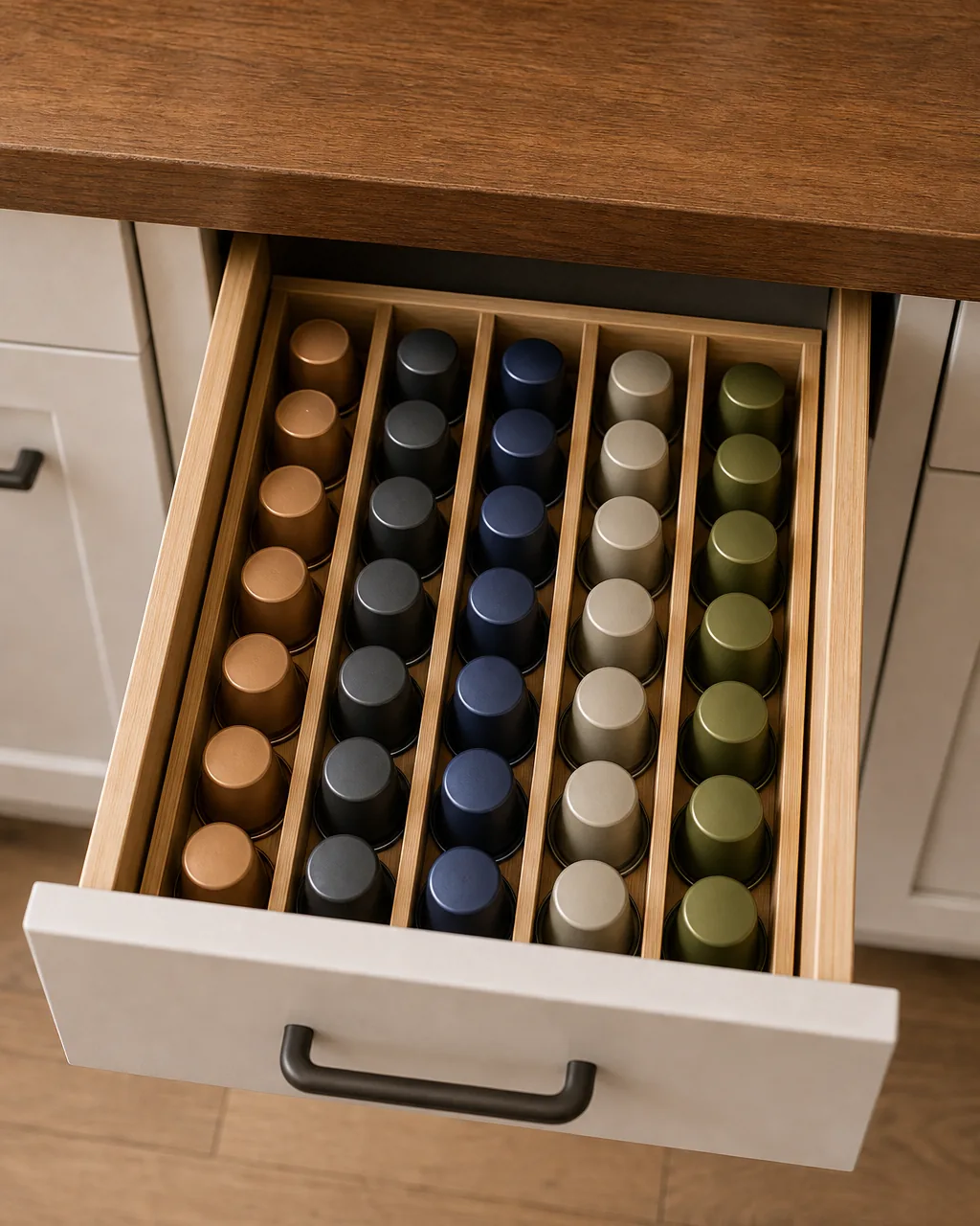 An open kitchen drawer showing a vertical slotted insert holding coffee pods standing upright in neat rows, instead of a shallow basket of loose pods
