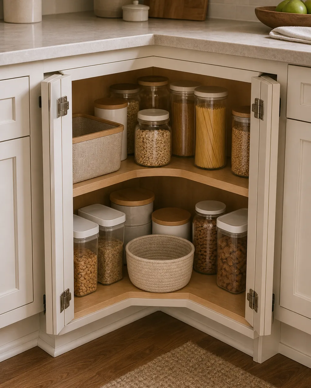 A corner base cabinet with bi-fold doors folded flat against the cabinet sides, opening the entire corner width at once, neatly organized containers visible across the full opening, warm kitchen light