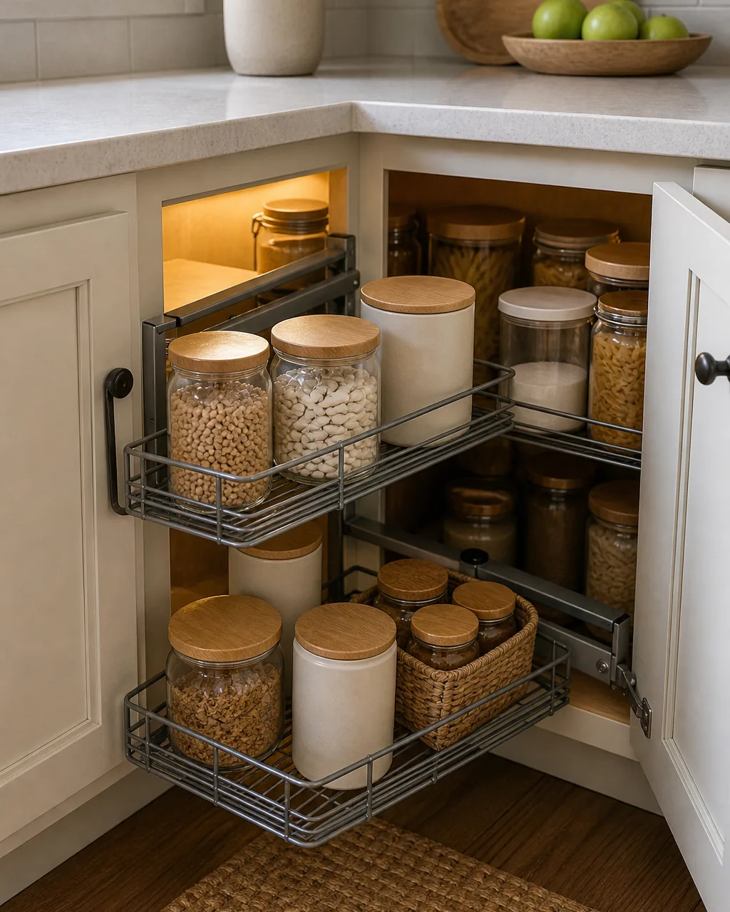 A blind corner pull-out swing-out shelving frame partially extended out of a corner base cabinet, wire shelves loaded with pantry containers now fully visible in the open kitchen light, the mechanism's swing arm clearly visible