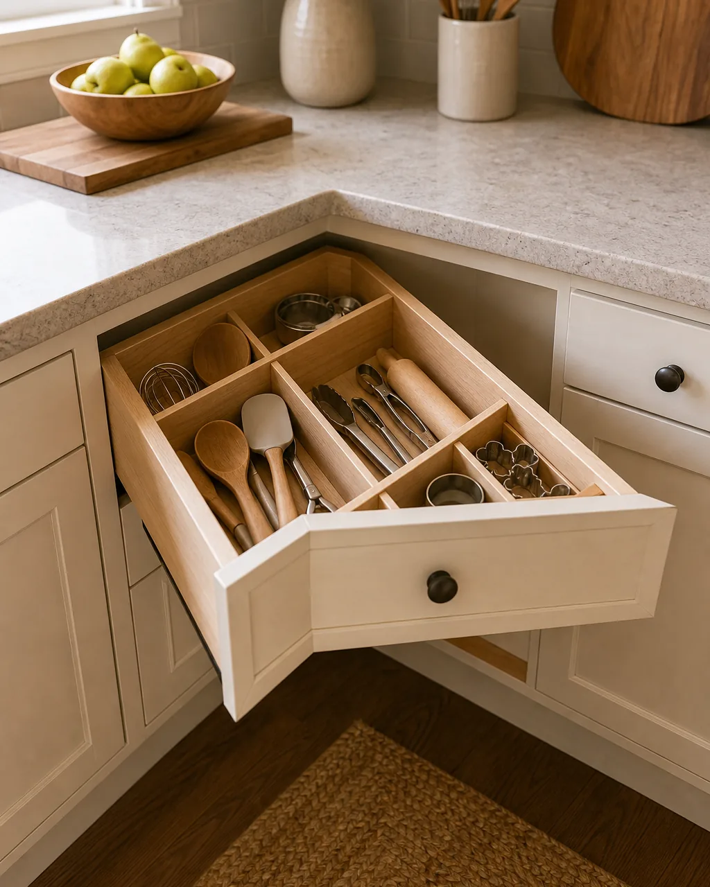 A diagonal-front corner drawer fully pulled open from a kitchen base cabinet, showing neatly divided compartments of kitchen tools, the drawer's angled diagonal face visible against the straight cabinet sides