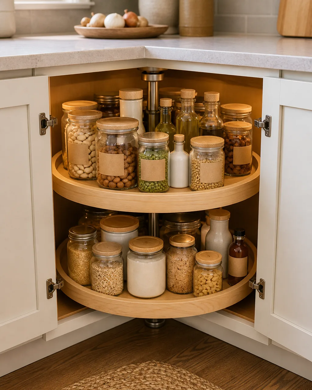 A full-circle lazy Susan turntable inside an open two-door corner base cabinet, loaded evenly with jars and bottles all facing outward, warm cabinet lighting, the turntable clearly spinning-capable with a visible center pivot