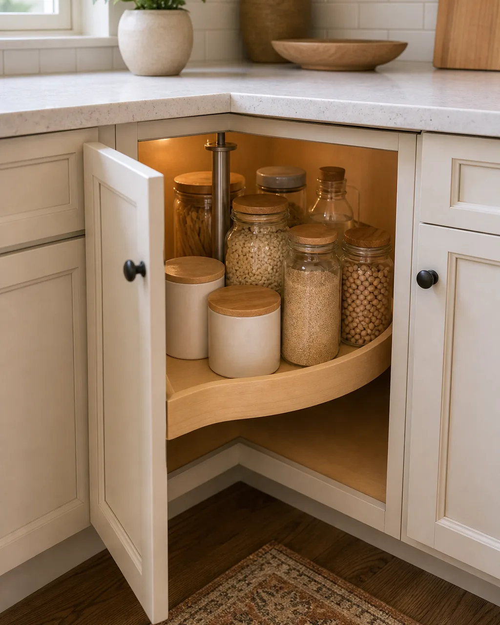 A half-moon shaped lazy Susan shelf inside a single-door corner base cabinet, the door open just enough to show the curved shelf edge clearing the door frame, containers neatly arranged on the half-circle shelf