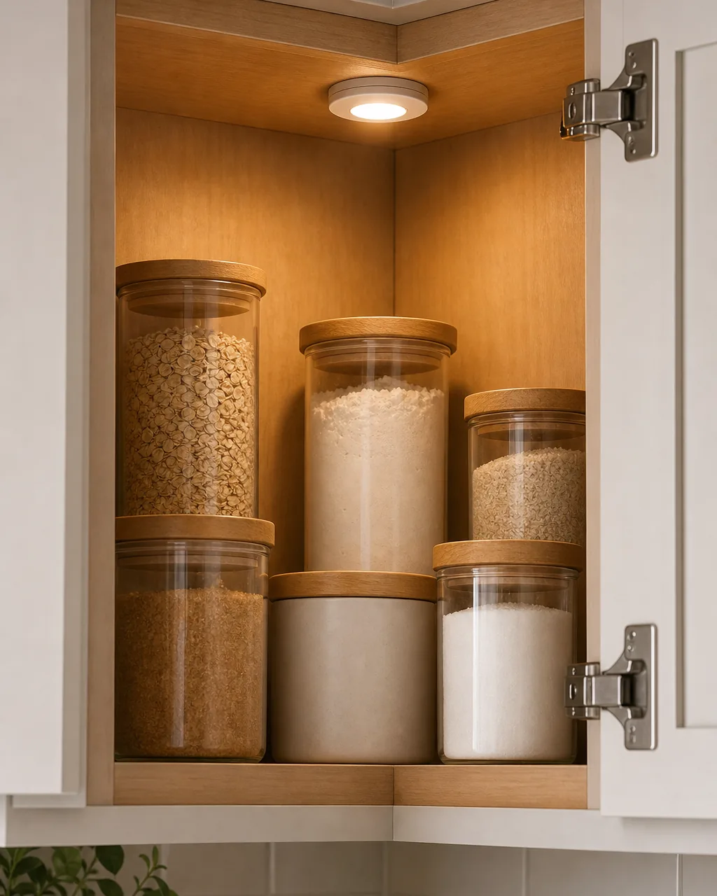 A small motion-sensor puck light glowing warmly inside the back corner of an open kitchen cabinet, illuminating neatly stored jars that would otherwise sit in shadow, the light fixture visible mounted to the cabinet ceiling