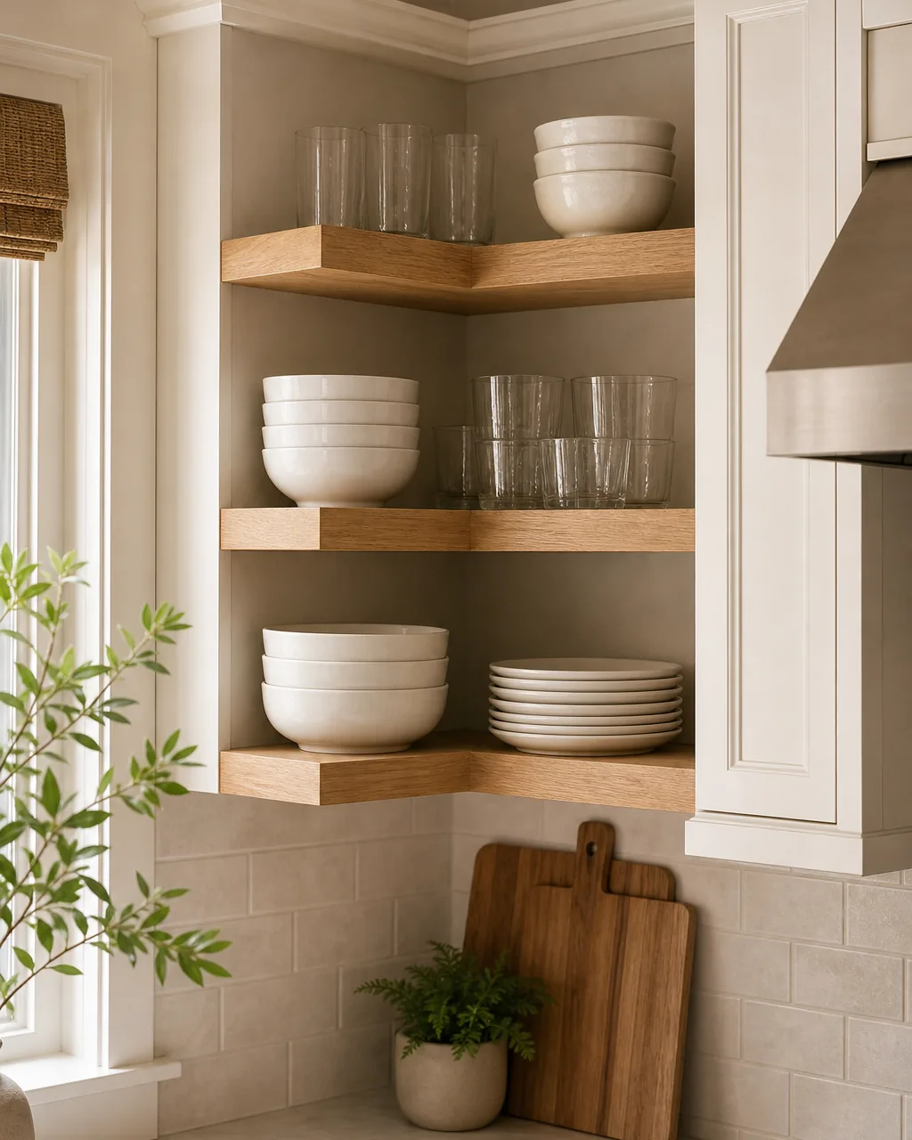 An open floating shelf built into an upper corner kitchen cabinet space with no door, holding neatly stacked plain bowls and glasses visible at a glance, warm kitchen light, light wood shelf material