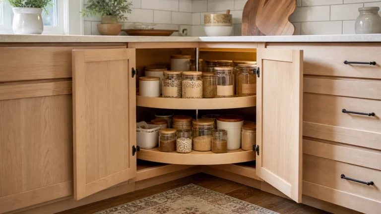 A wide view of a real kitchen corner base cabinet with both doors open, revealing a well-organized lazy Susan turntable loaded with neatly grouped jars and containers, warm kitchen lighting