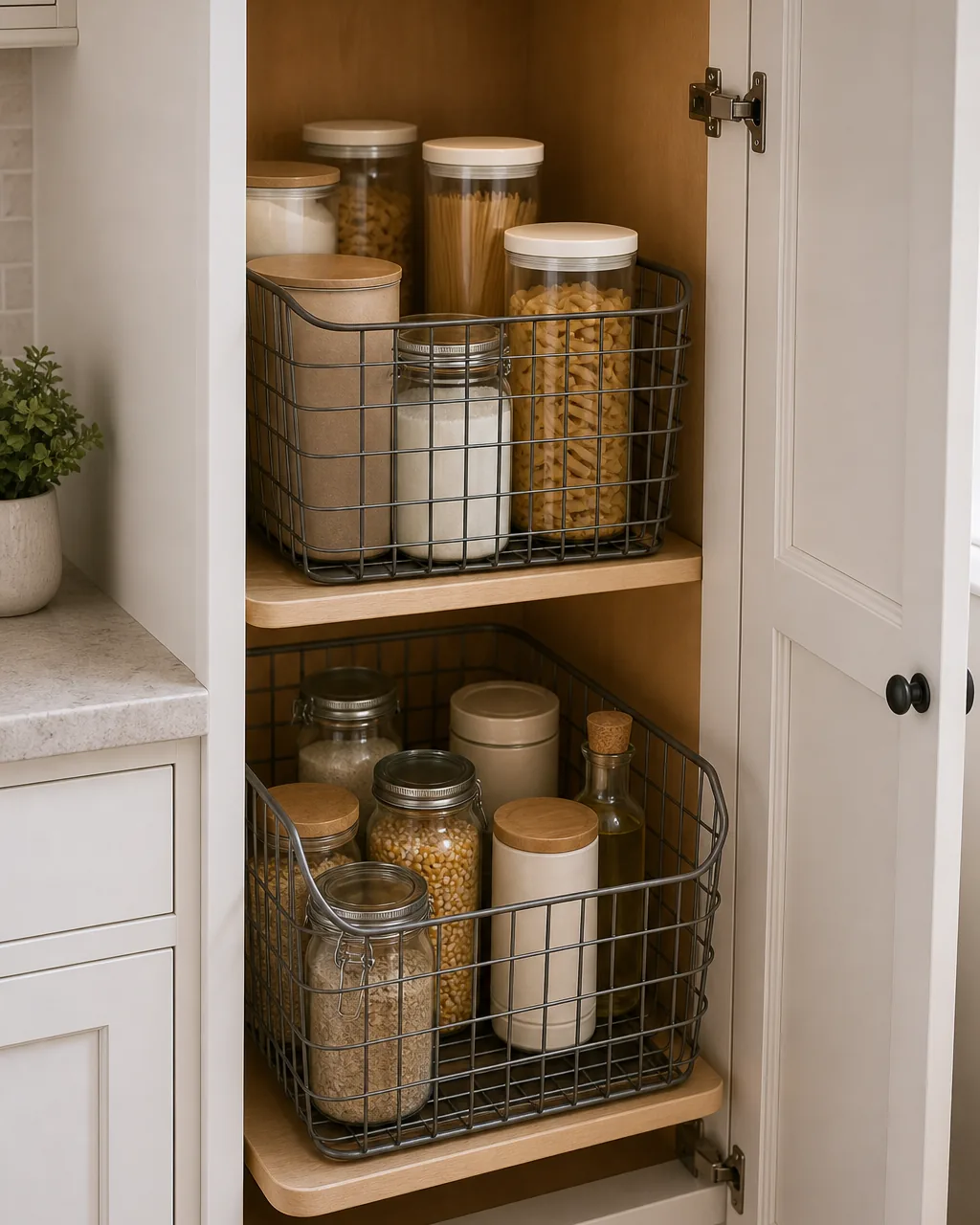 Two stackable wire baskets inside a tall corner cabinet, each basket holding a distinct group of pantry items, visible gap between the stacked baskets showing they lift out independently, warm cabinet lighting