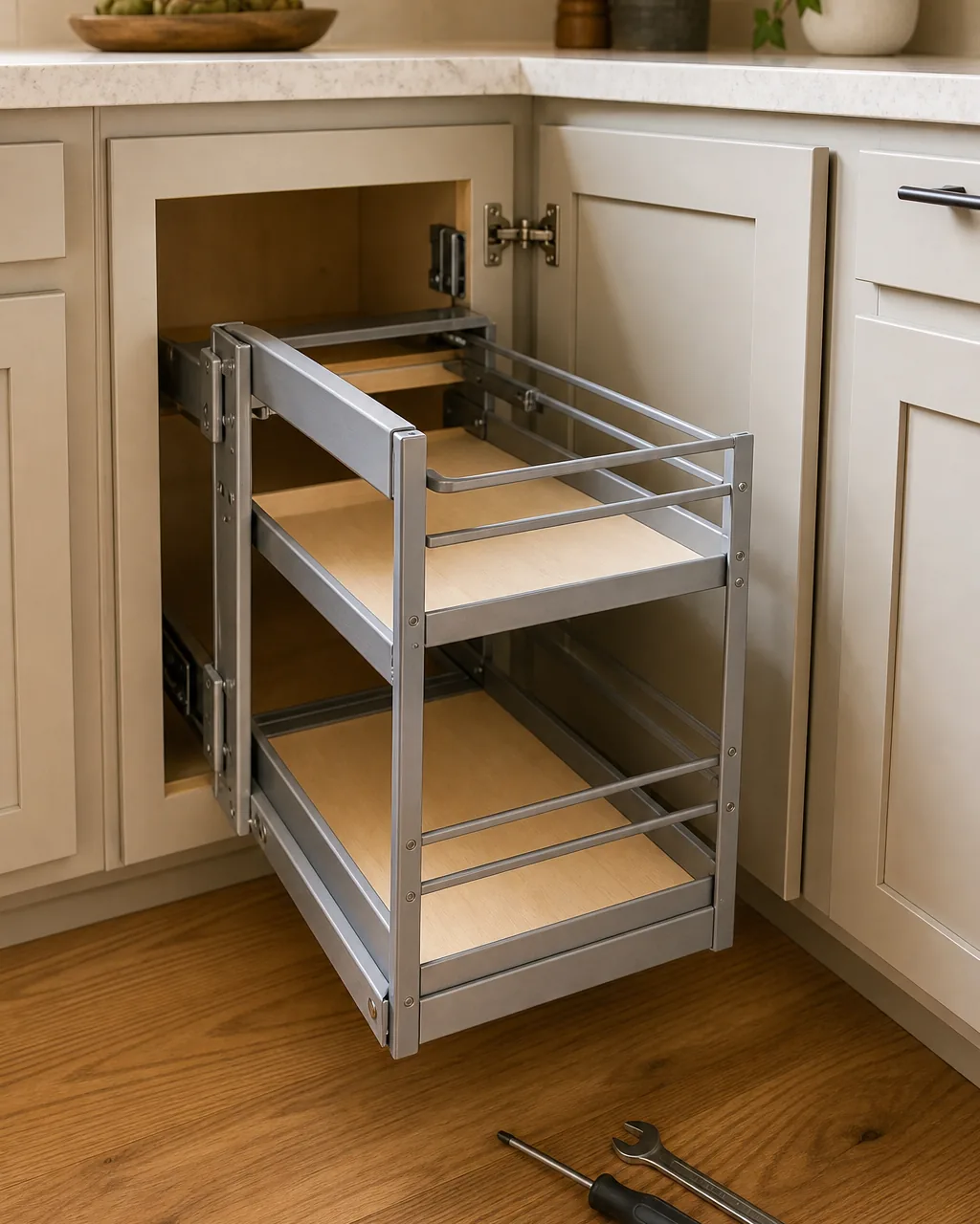A corner cabinet mid-retrofit with a new pull-out shelving hardware kit being slid into the existing cabinet box, neutral hand tools visible beside the open cabinet, warm kitchen light, the existing cabinet doors and frame unchanged around the new insert