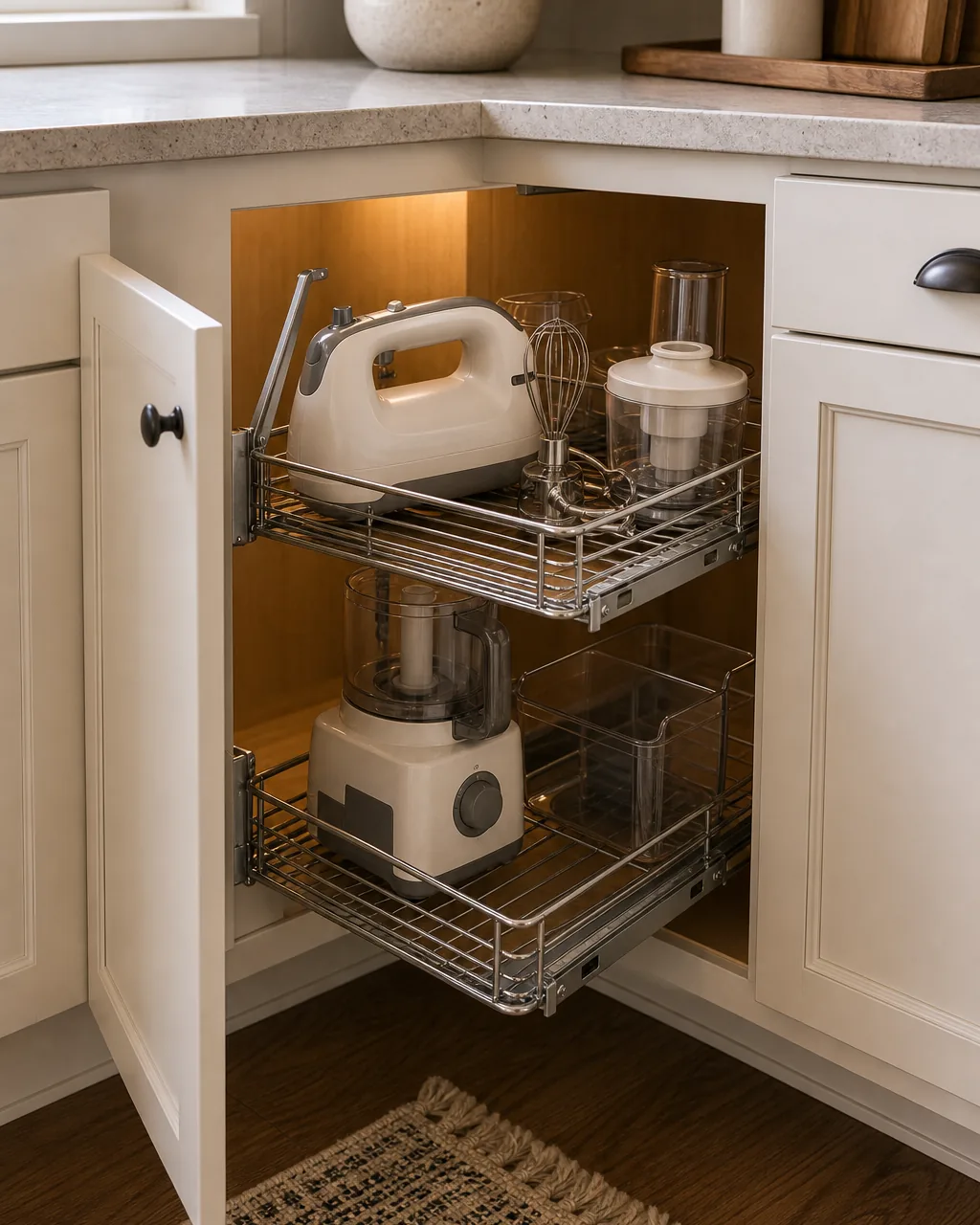 A two-tier wire pull-out caddy extended from a corner cabinet, small kitchen appliances like a hand mixer and a food processor base stored neatly on the two shelves, warm cabinet interior light