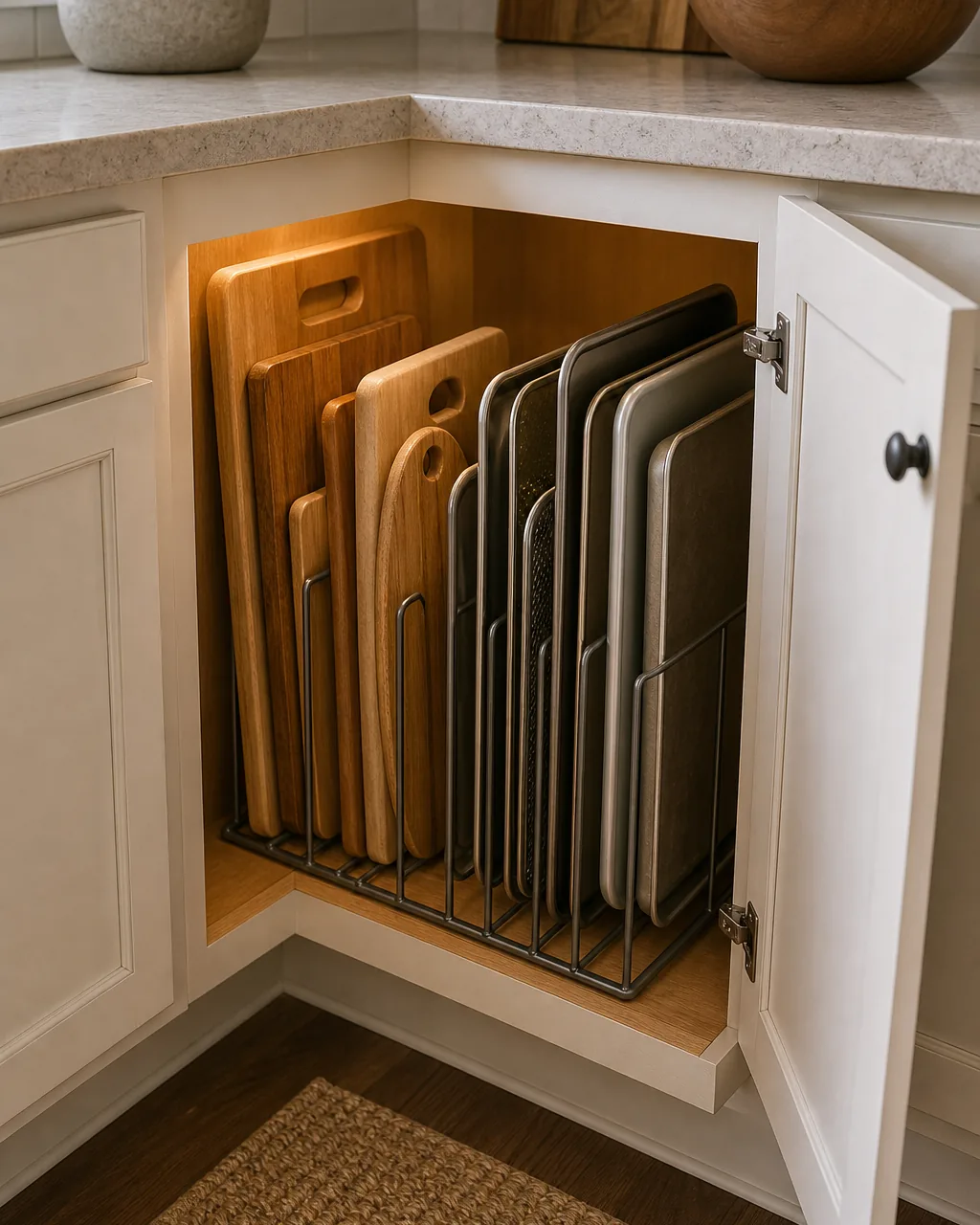A vertical wire divider installed inside a deep corner cabinet, holding cutting boards and baking sheets standing upright on their edges, cabinet door open, warm light showing the boards clearly separated and easy to lift