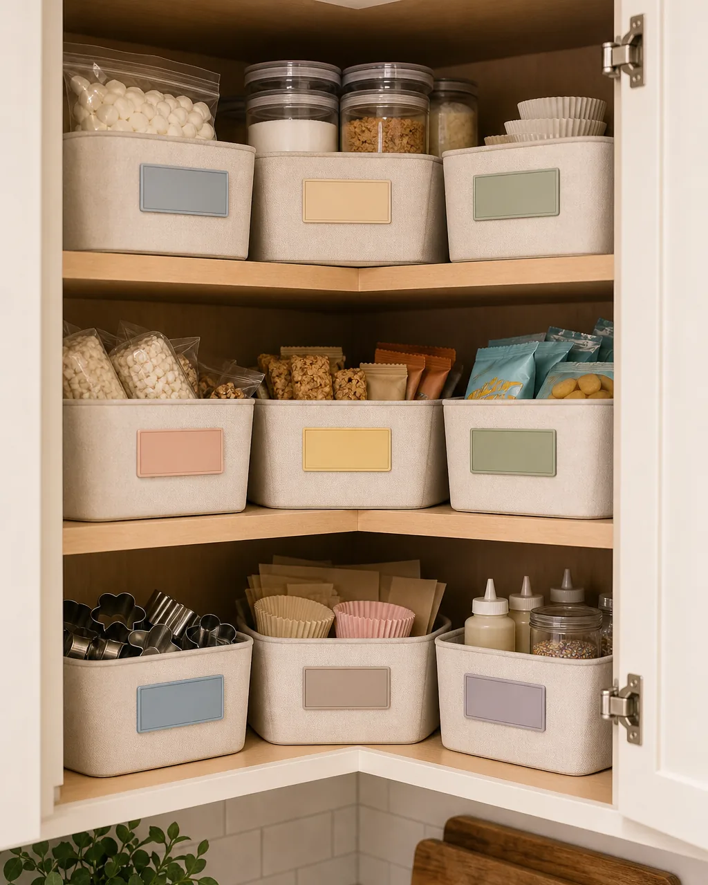 A corner cabinet shelf with small plain labels on matching bins, each bin grouping one category of items like baking supplies or snacks, clean warm cabinet lighting, the labels blank of readable text but visually distinct by color