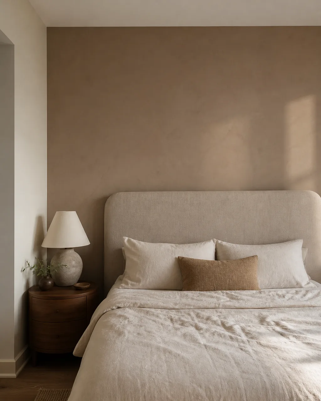 A bedroom headboard wall painted in a warm putty-clay tone with a linen-upholstered bed, cream bedding, and a walnut nightstand catching soft afternoon light