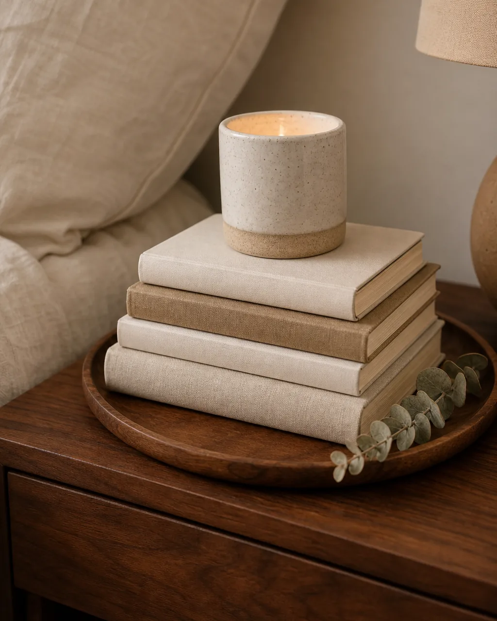 A round wooden tray on a nightstand holding three stacked books and a brass candle holder with a pillar candle, beside a linen-covered bed