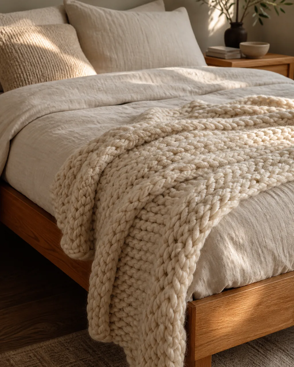 A chunky oatmeal cotton rope knit throw draped asymmetrically across the foot of a linen-covered bed with a warm putty accent wall behind