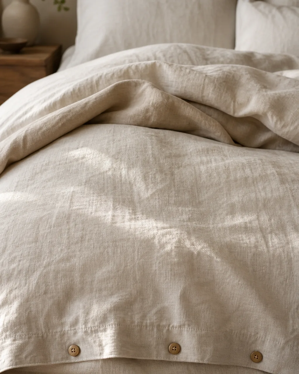 A pre-washed linen duvet cover in ivory-ecru shade draped over a low platform bed with layered pillows and a chunky throw in a bedroom with warm afternoon light