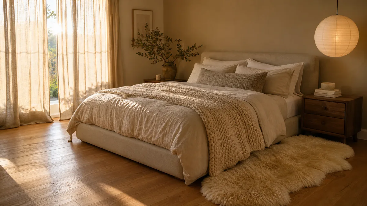 A cozy bedroom with layered linen bedding in oatmeal and cream tones, a chunky knit throw at the foot of the bed, warm string lights along the headboard wall, and a sheepskin rug on the hardwood floor