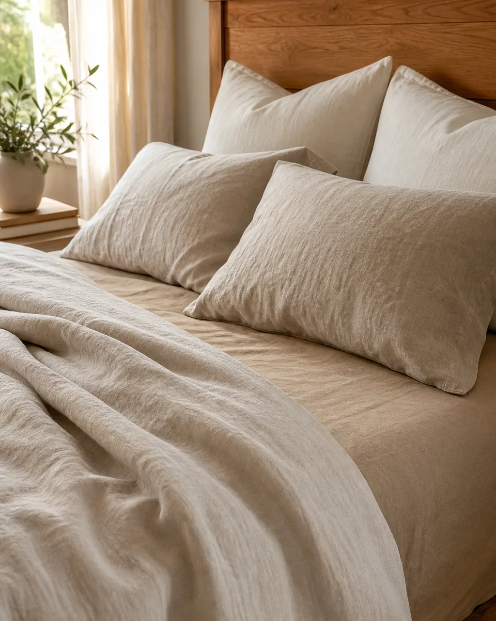 An unmade bed layered with oatmeal linen duvet, sand-colored flat sheet, and cream euro shams in warm morning light on a light wood floor