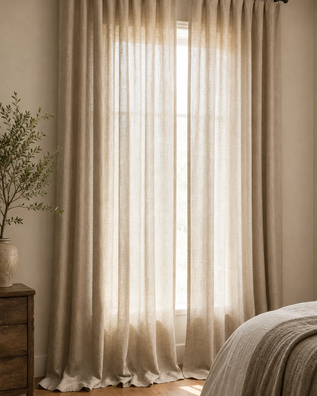 Natural flax linen curtain panels hanging from ceiling height to the floor in front of a sunlit window, filtering golden morning light into a cozy bedroom