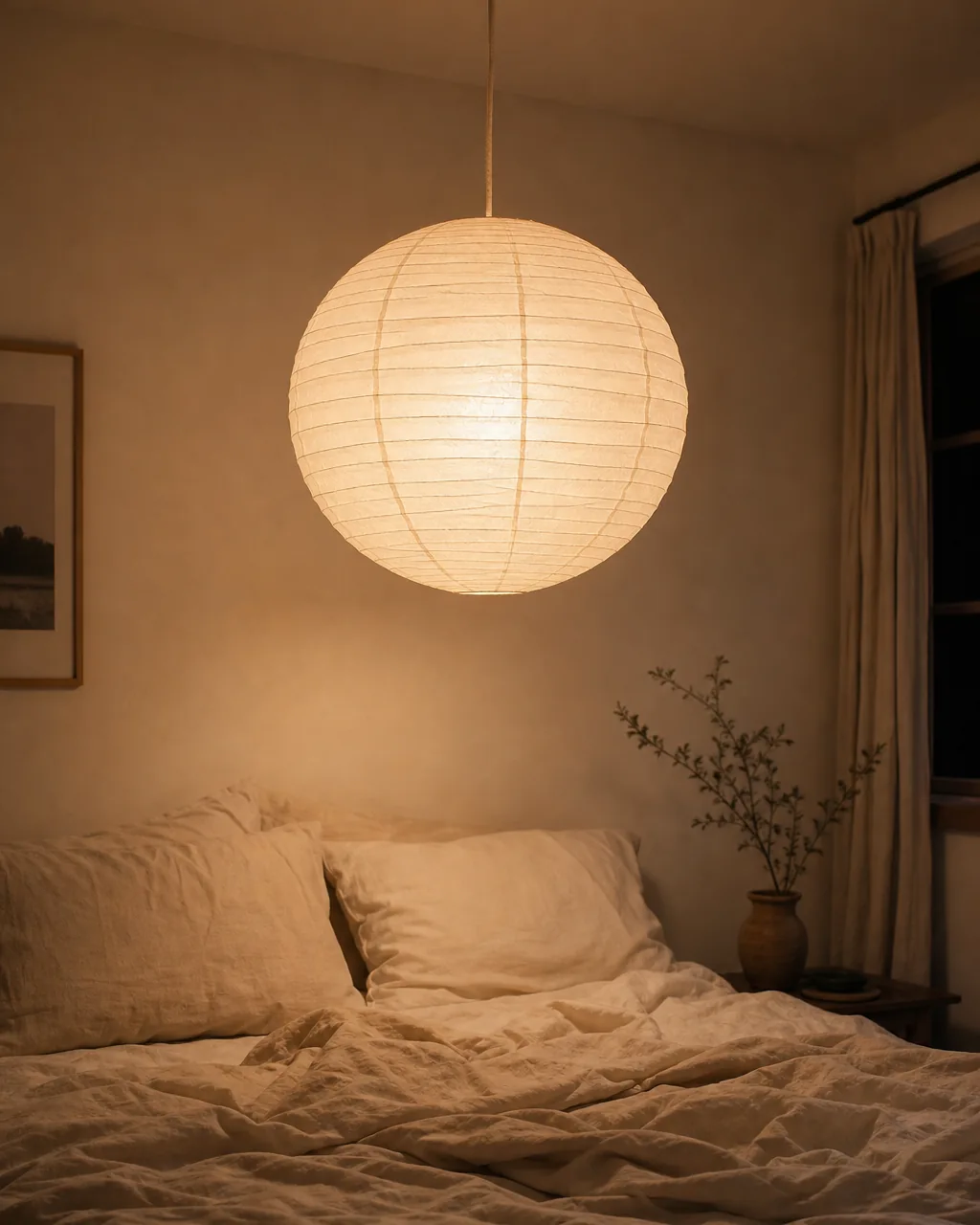 A large round rice paper pendant lamp hanging above a bed, casting a soft warm glow across linen bedding and a wooden nightstand in a cozy bedroom
