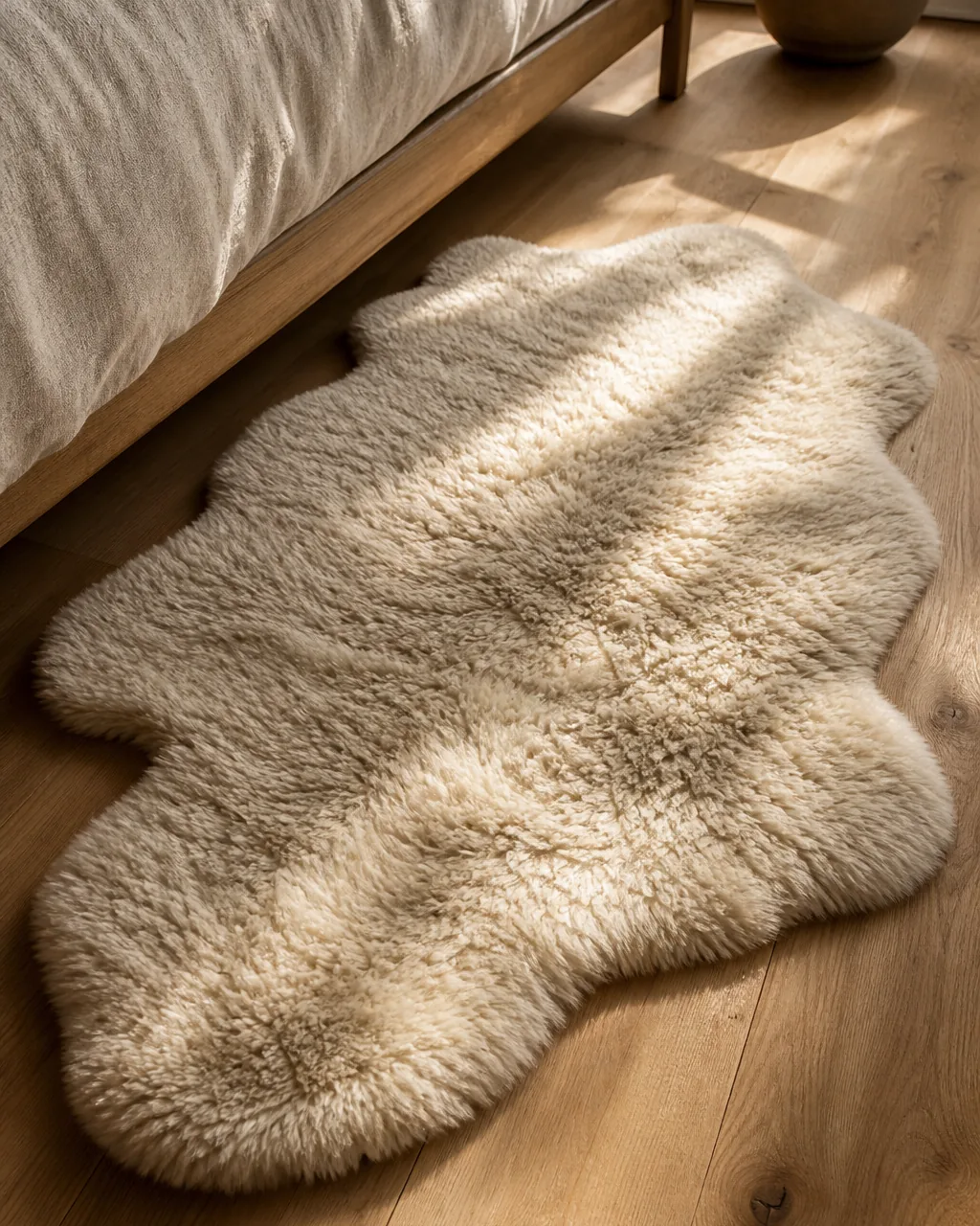 A genuine sheepskin rug with a natural irregular edge lying on a hardwood floor beside a low-profile linen bed frame in a sunlit bedroom