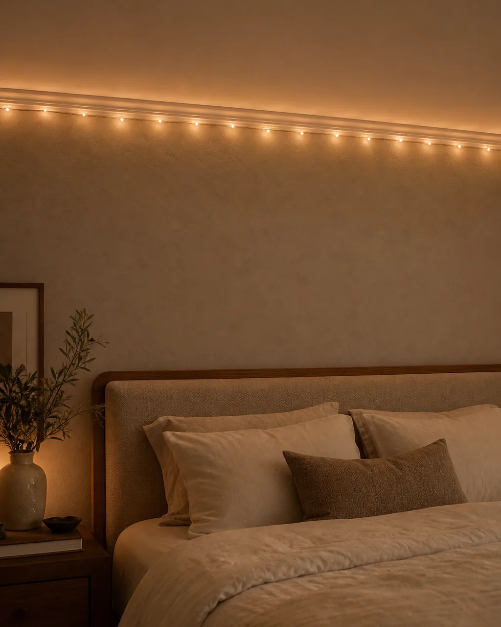 Warm white micro-LED string lights on thin copper wire traced along the ceiling line above a linen-covered bed, casting amber glow on the headboard wall
