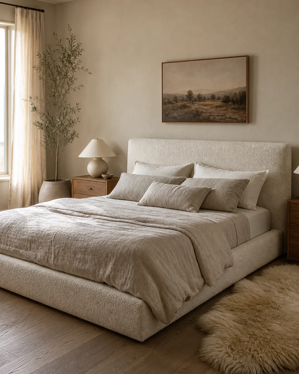 A low-profile platform bed frame upholstered in oatmeal boucle with a linen duvet and chunky throw, sitting on a light hardwood floor in a sunlit bedroom
