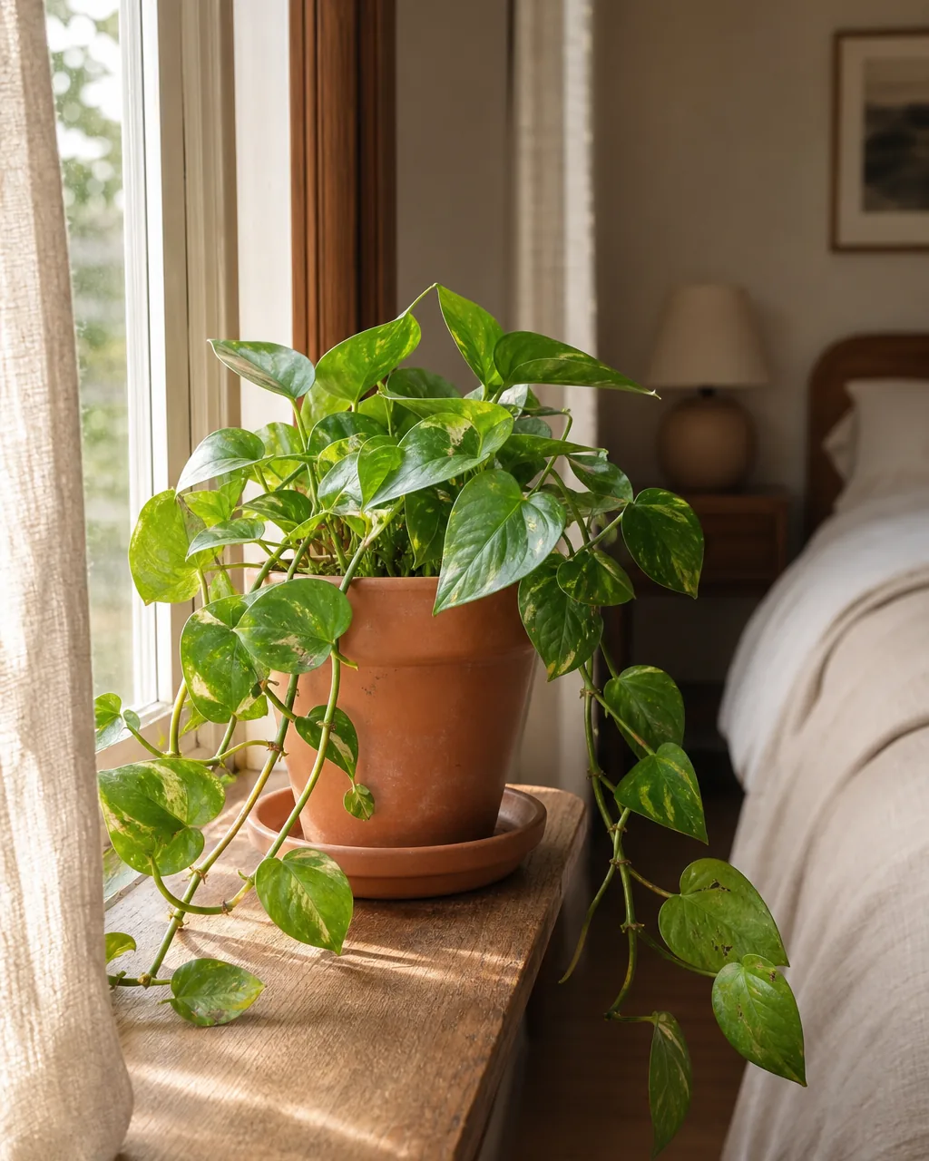 A small trailing pothos plant in a terracotta pot sitting on a white windowsill with morning light, beside linen curtains in a cozy bedroom