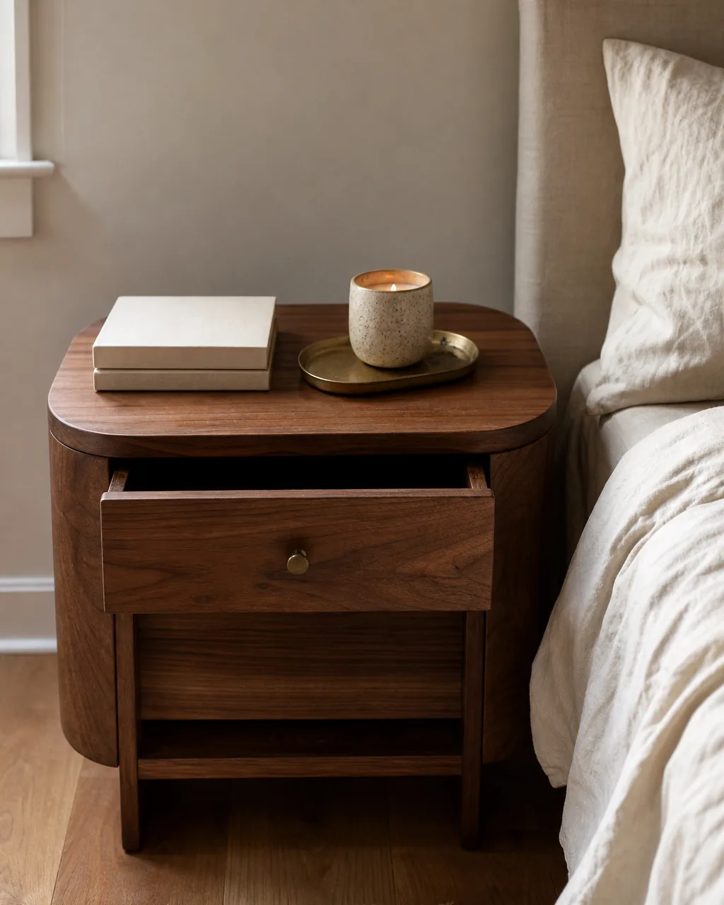 A walnut nightstand with visible grain and rounded edges holding a ceramic lamp and a small tray, positioned beside a linen-covered bed