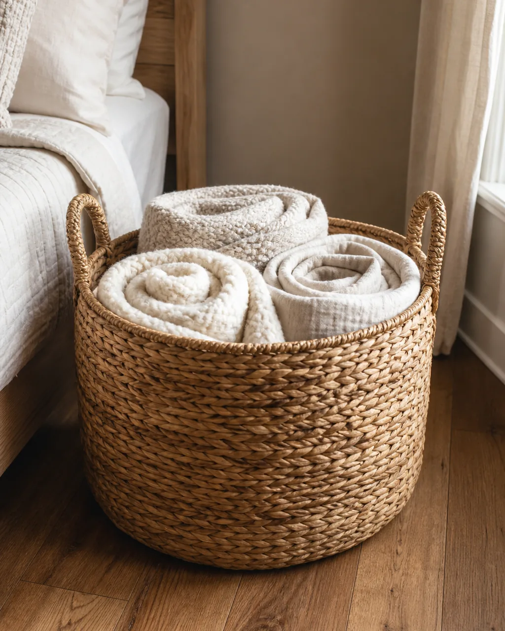 A round seagrass woven basket holding loosely rolled blankets placed on a hardwood floor beside a linen-covered bed frame in a cozy bedroom