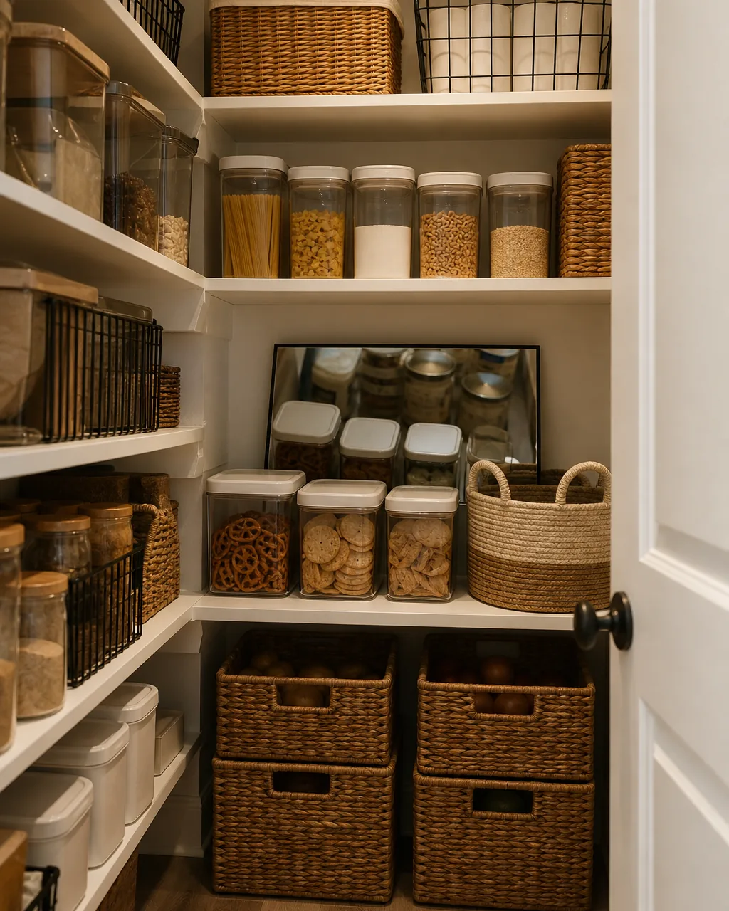 A small mirror propped at a downward angle against the back wall of a deep pantry shelf, reflecting items stored behind the front row without anyone reaching in