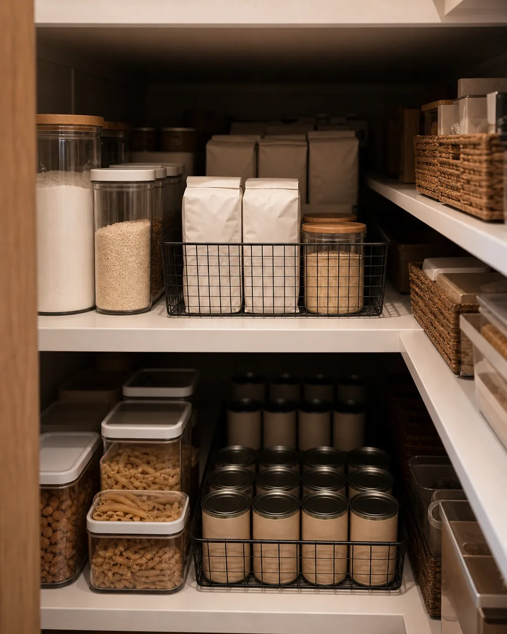 The full shadowed back third of a deep pantry shelf holding only duplicate backstock items like extra flour bags and canned goods, clearly separated from the lighter everyday items up front