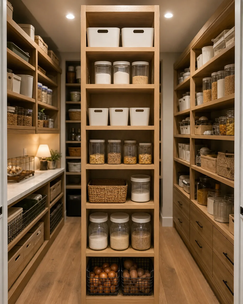 A freestanding double-sided shelving unit positioned down the center of a walk-in pantry, with shelves accessible from both sides instead of one very deep wall-to-wall run