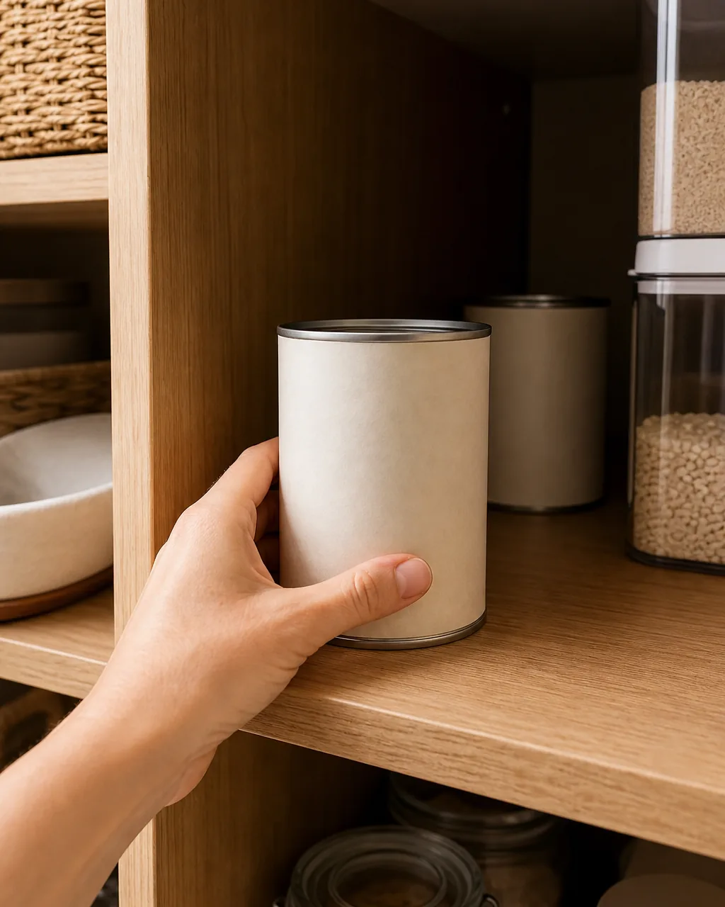 A hand sliding an older can toward the front of a deep pantry shelf while a newer can is placed at the back, showing a front-to-back stock rotation in progress