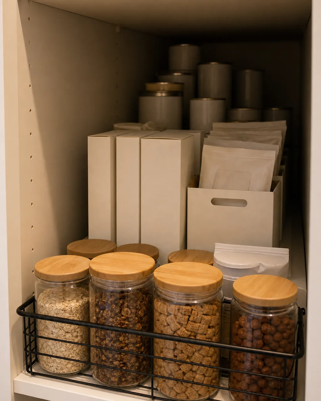 A single deep pantry shelf visibly divided into three zones front to back, with everyday jars near the front edge, mid-frequency boxes in the middle, and backstock cans in the shadowed rear third