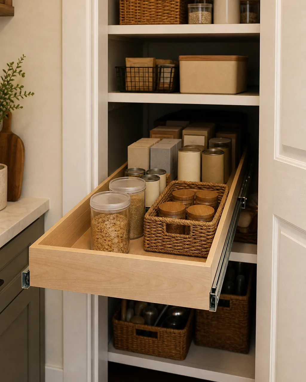 A deep pantry shelf retrofitted with a full-extension drawer slide, shown pulled halfway out, carrying items from the very back of the shelf toward the front