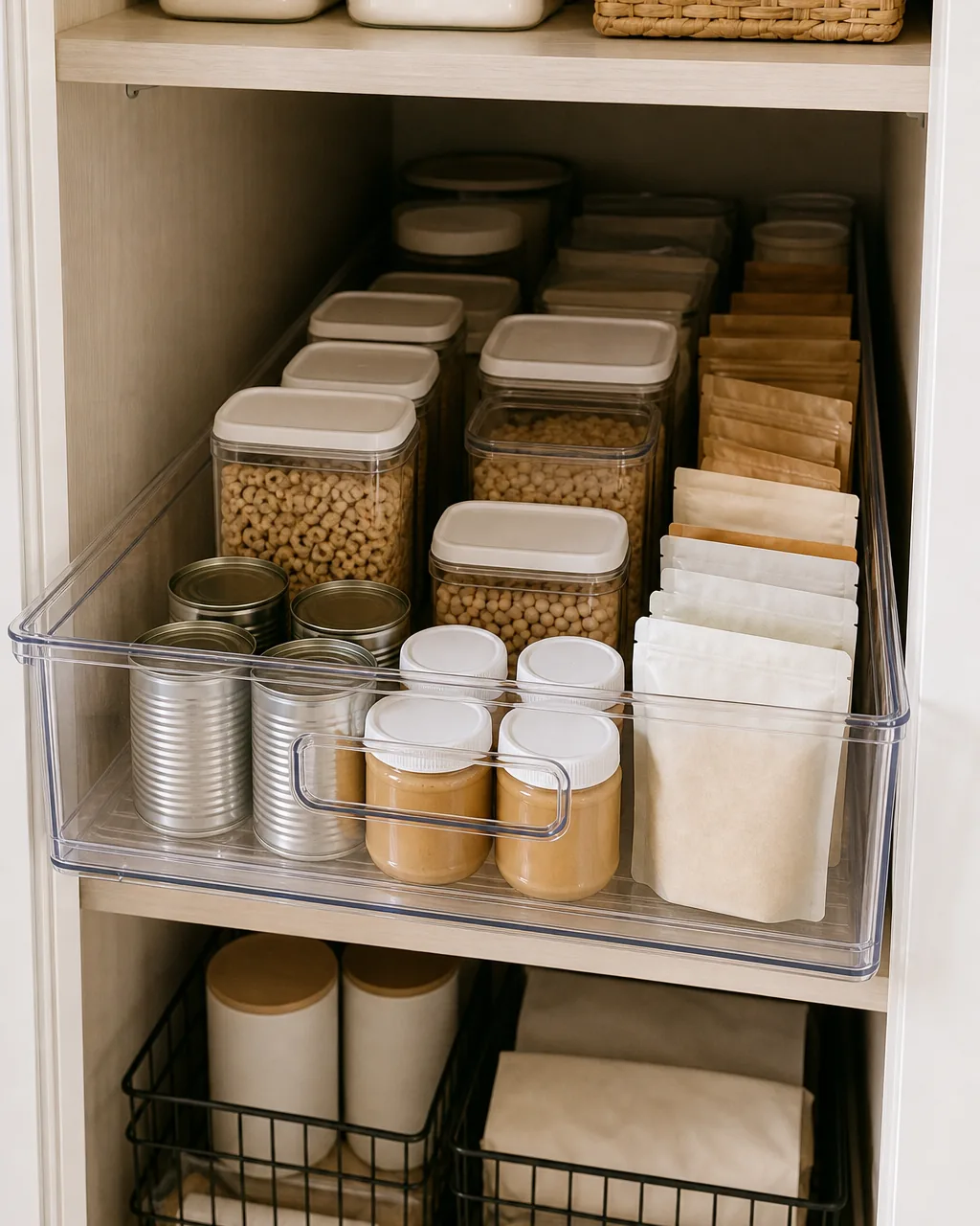 A large clear bin with a front handle, sized to the full depth of a pantry shelf, pulled forward by its handle to reveal everything stored inside at once