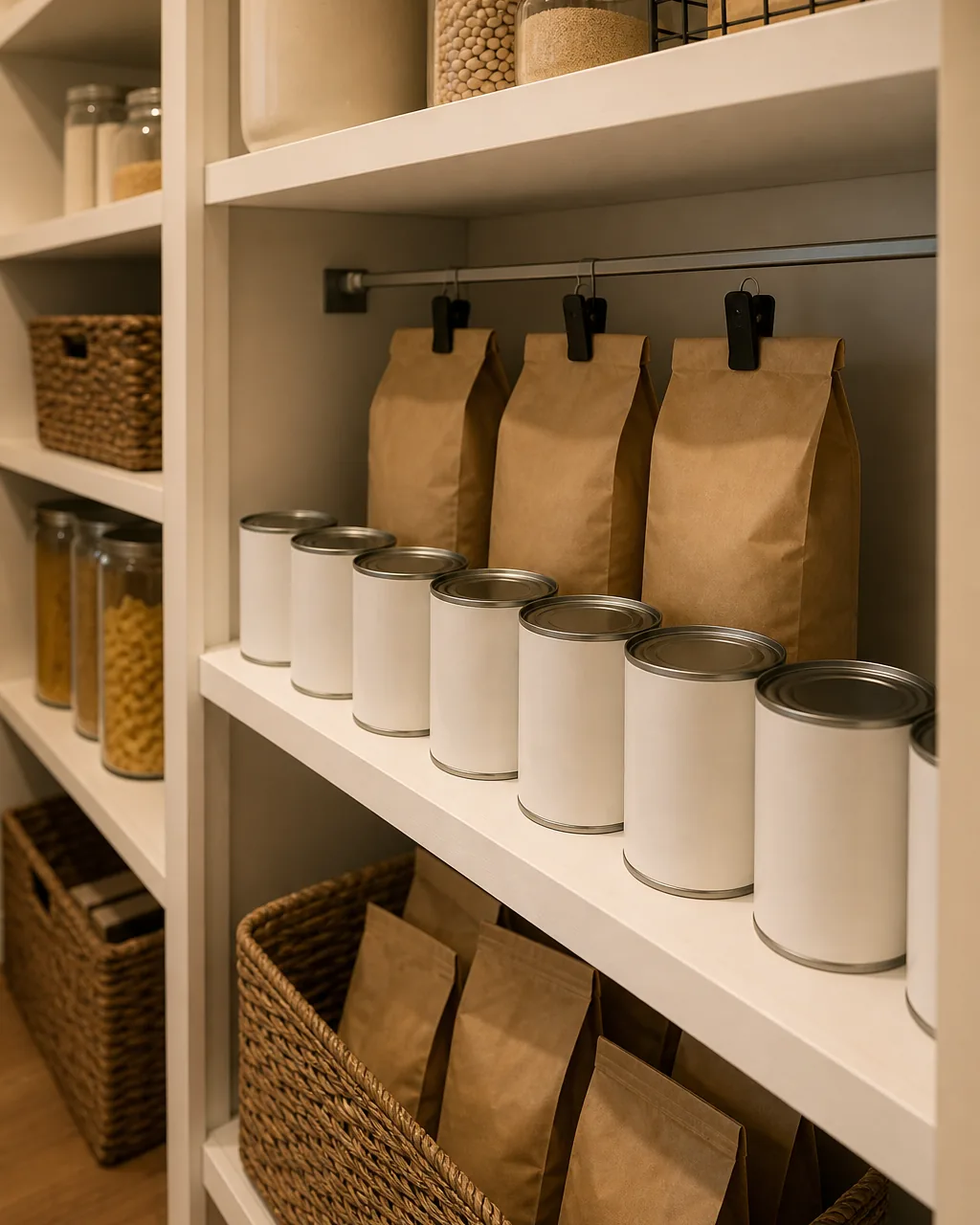 A slim hanging rail installed partway back on a deep pantry shelf, holding a few bagged goods clipped upright instead of lying flat behind rows of canned goods