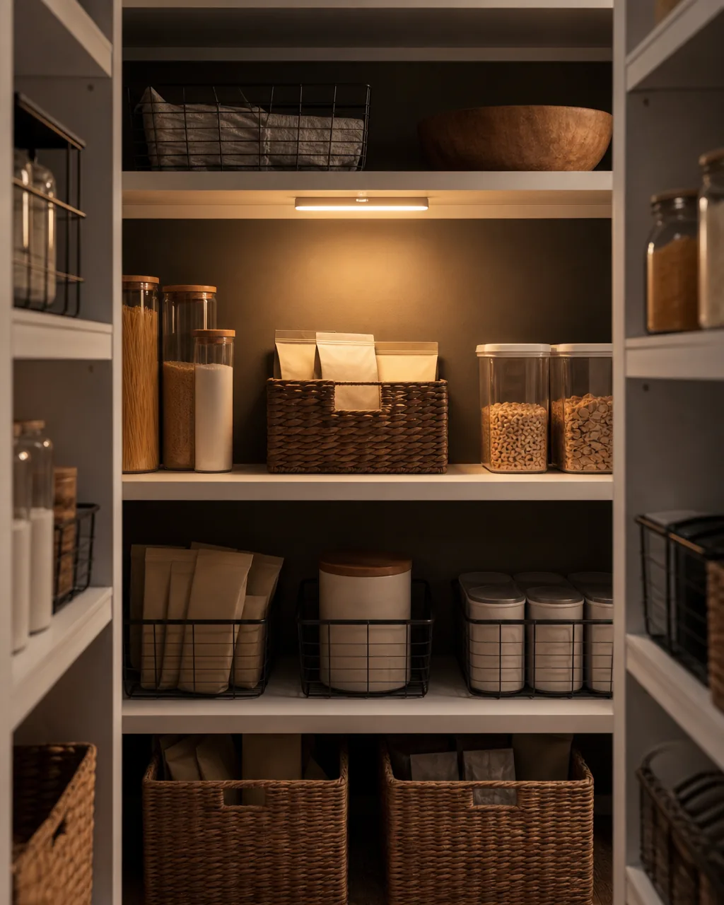A small battery motion-sensor light strip mounted under a shelf, casting warm light onto the dark back wall of a deep pantry shelf that would otherwise be shadowed