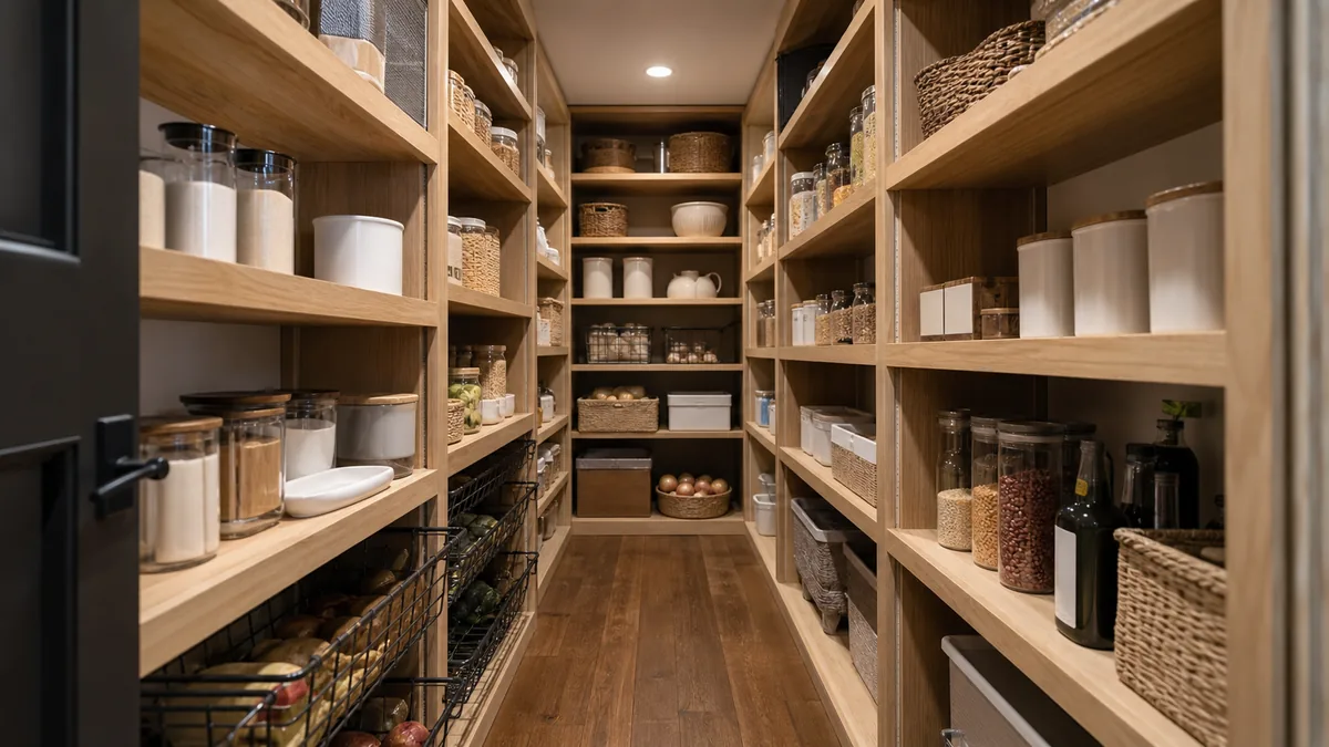 A wide editorial view into a real home walk-in pantry with deep shelving on both sides, showing clear front-to-back depth where the back third of each shelf sits in softer shadow than the front